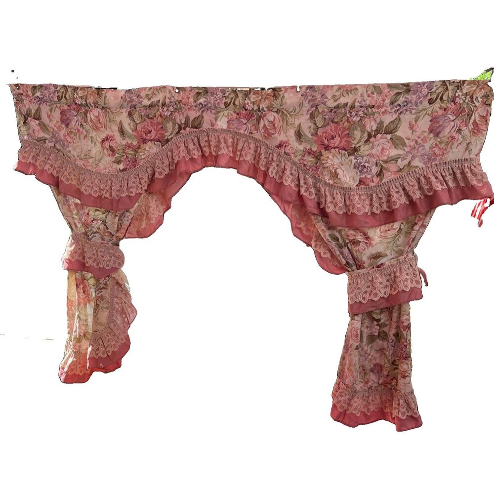 Vintage 1980s Pink Floral Cottagecore Ruffled Curtains W/Lace Trim Grandmacore